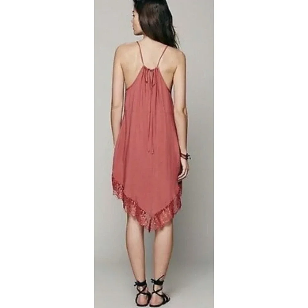 Free People Intimately Eyelashes Lace Mini‎ Slip Dress S Red Coral Boho Festival
